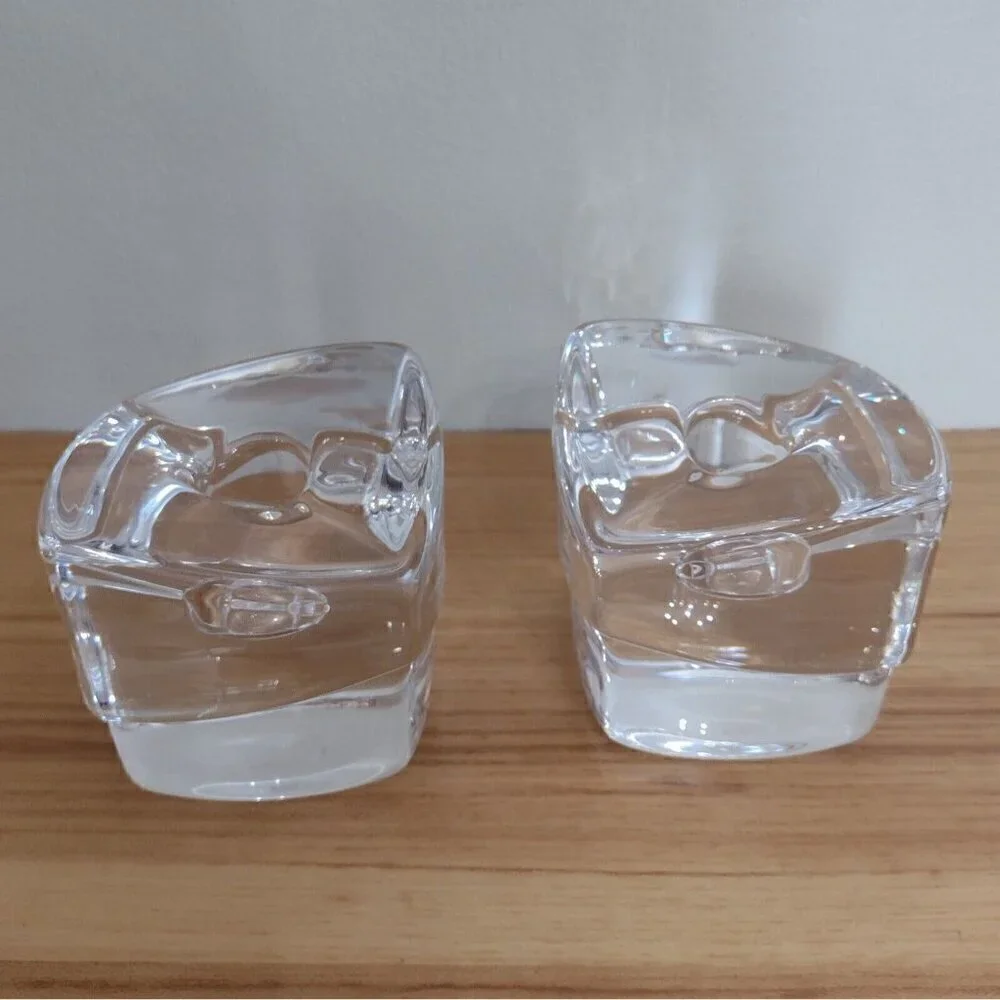 Set Of Orrefors Sweden Crystal Clear Glass Taper Candle Holders Geometric Cubes